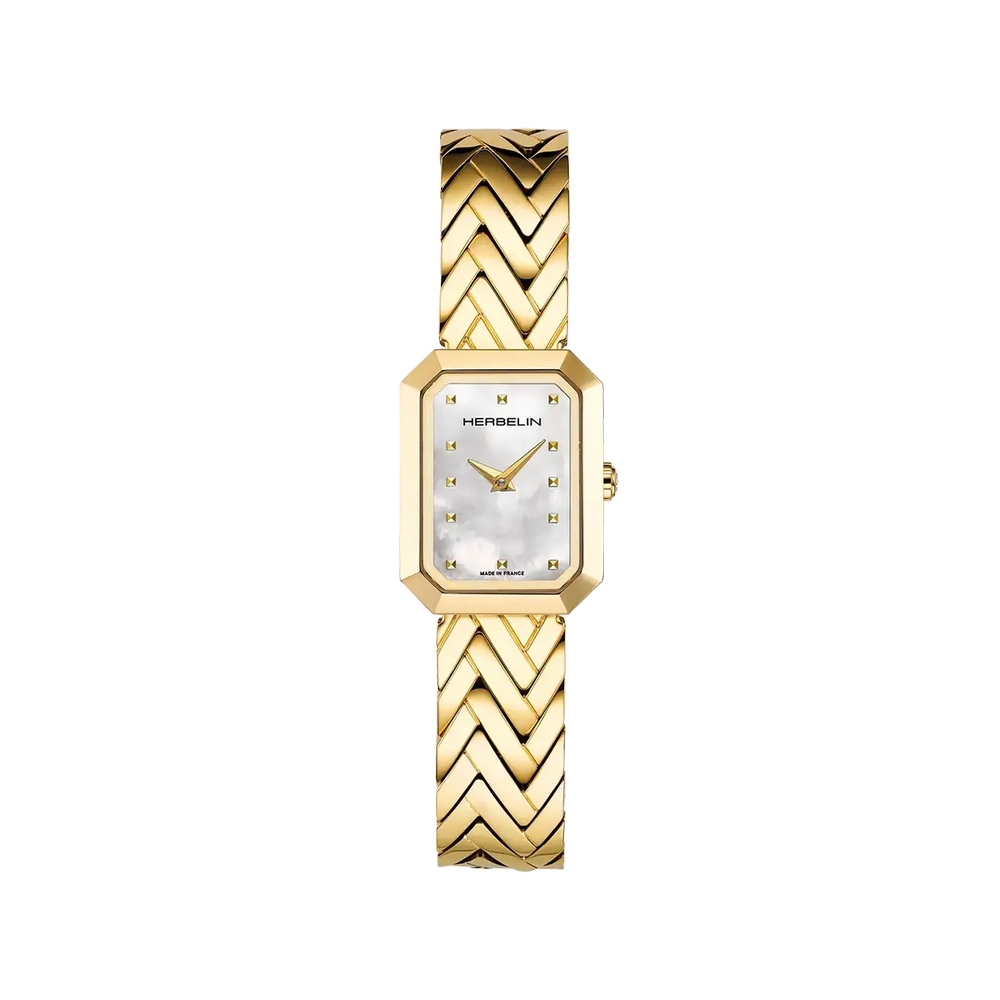 Montre rectangulaire, acier inoxydable doré, nacre de perle - 17446BP19 - Herbelin