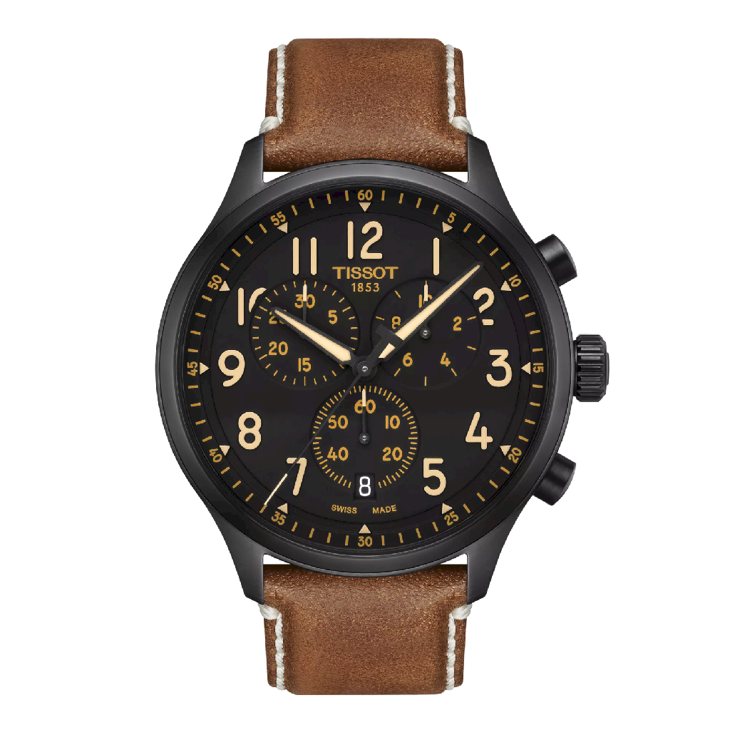 Montre Tissot Chrono XL cuir brun acier inoxydable noir fond noir