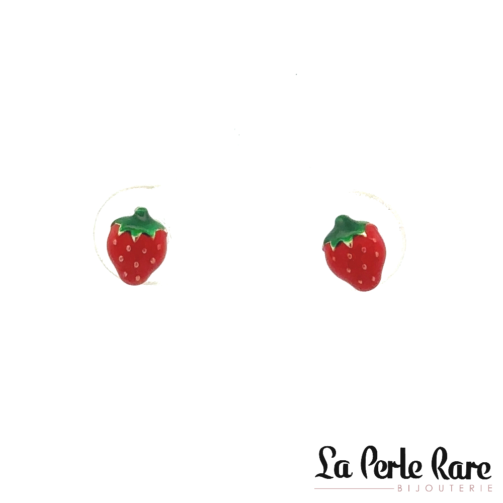 Boucles d'oreilles fixes vissées fraises, or jaune 10 carats, émail rouge et vert - 4301-E - Exclusivités