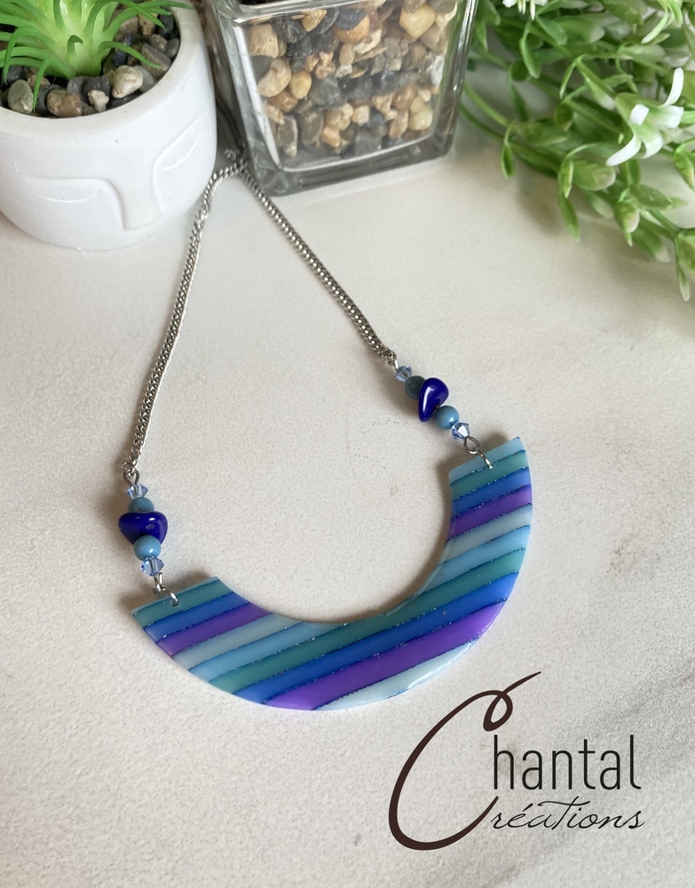 Collier Charlène bleu, argile polymère, acier inoxydable, perles de verre - 25-CO-10 - Création Chantal