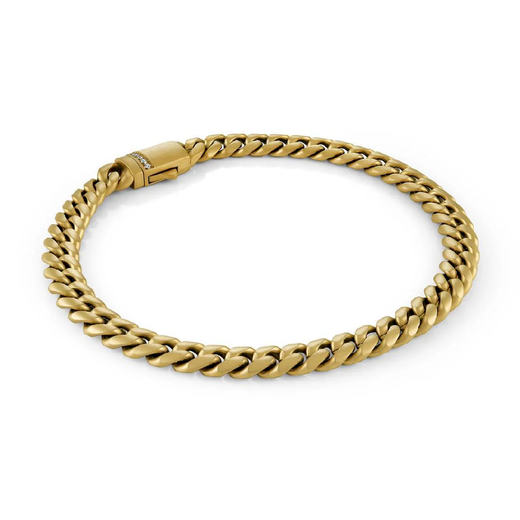 Bracelet gourmette en acier inoxydable doré, zircons incolores, 6 millimètres