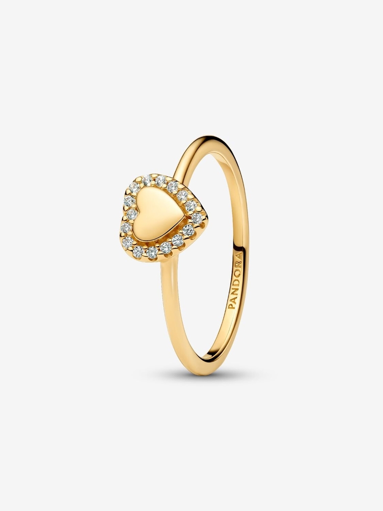 Bague halo et coeur, métal unique plaqué d'or 14 carats, zircons incolores - 163801C01-52 - Pandora