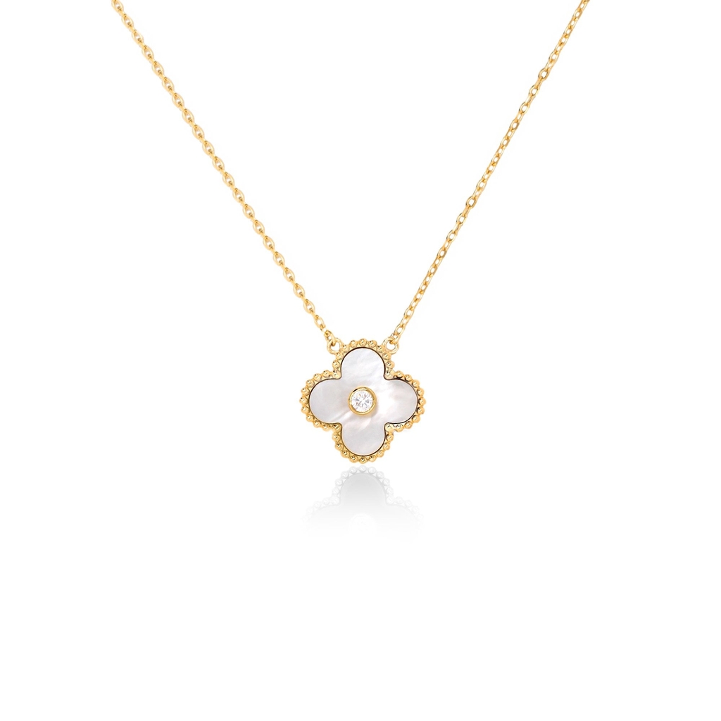 Collier de style Van Cleef, argent finition or jaune, nacre de perle, zircon incolore