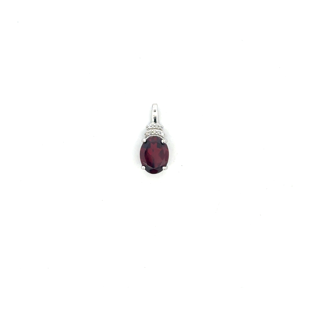 Pendentif or blanc 10 carats, grenat, 5 points de diamant total
