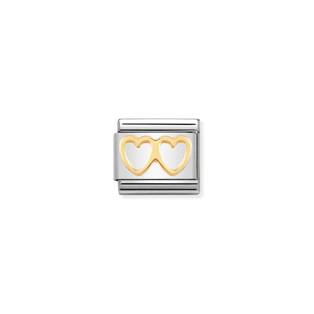 Maille classique double coeur, acier inoxydable, finition or jaune 18 carats