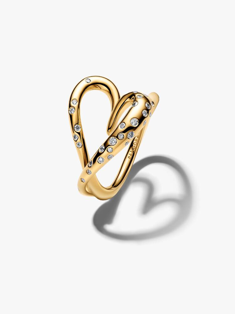 Bague coeur organique, métal unique plaqué d'or 14 carats, zircons incolores