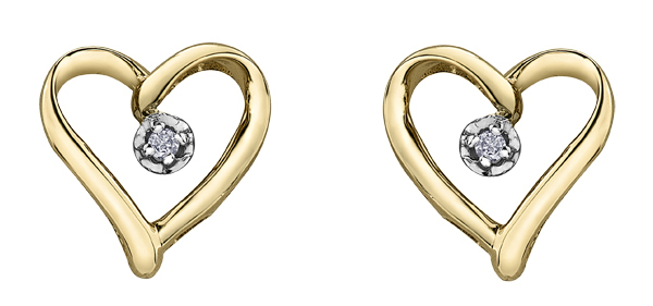 Boucles d'oreilles fixes coeurs, or jaune 10 carats, 1.5 points de diamants total