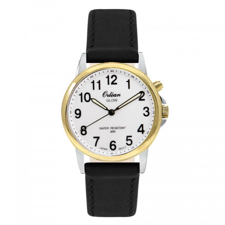 Montre cuir noir, acier inoxydable 2 tons (jaune/blanc), fond blanc - ME3640-LTRNR - Orlean