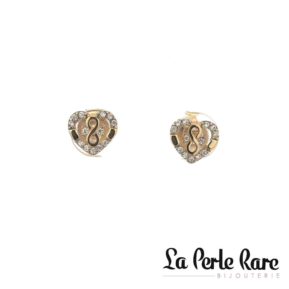 Boucles d'oreilles fixes coeur et symbole de l'infini, or jaune 10 carats, zircons incolores - EZG-255-J - Exclusivités