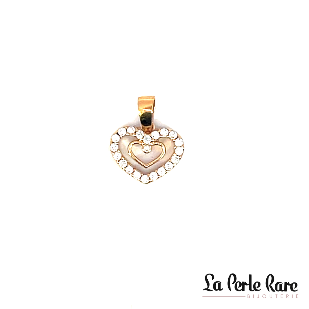 Pendentif coeurs, or rose 10 carats, zircons incolores