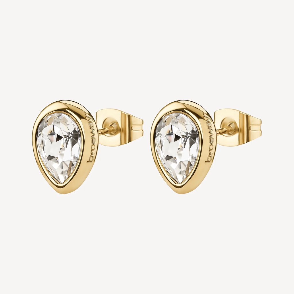 Boucles d'oreilles fixes Symphonia, acier inoxydable doré, zircons incolores
