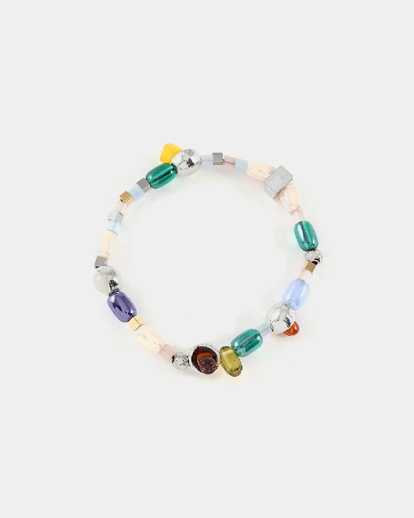 Bracelet extensible, étain 2 tons (blanc et jaune), verre coloré