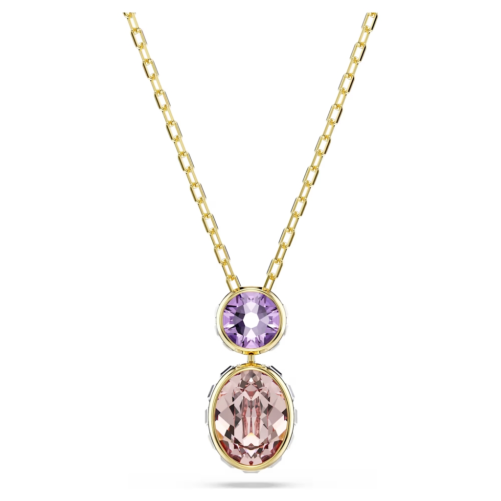 Pendentif Chroma, métal doré, cristaux incolores, mauve et rose