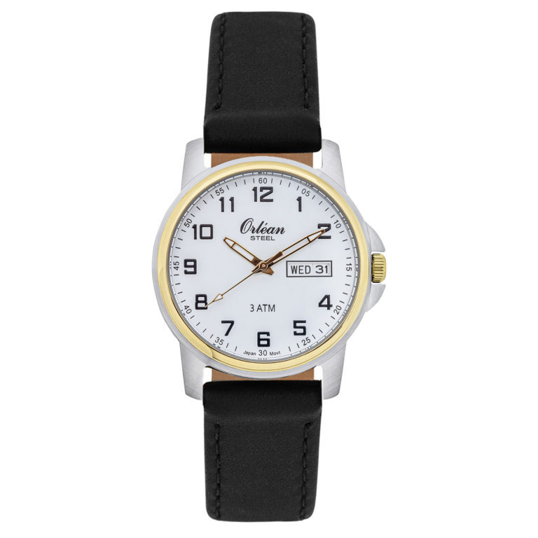Montre cuir noir, acier inoxydable 2 tons (blanc/jaune), fond blanc - ME3314-LTRNR - Orlean