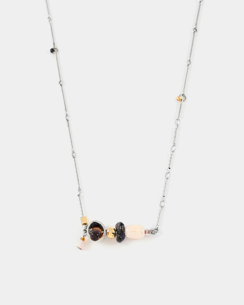 Collier étain 2 tons (blanc et jaune) verre coloré