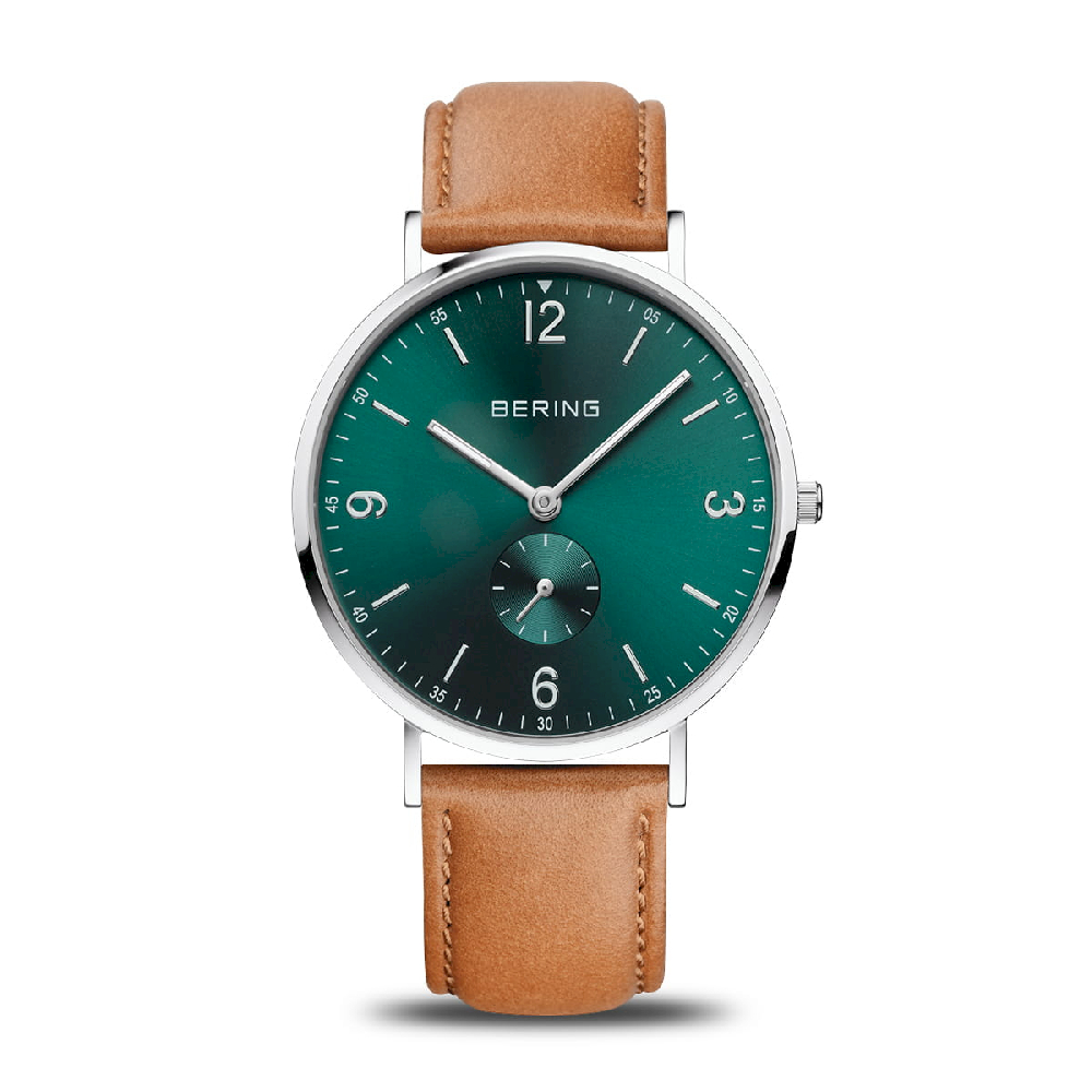 Montre cuir brun, acier inoxydable, fond vert - 14040-508 - Bering