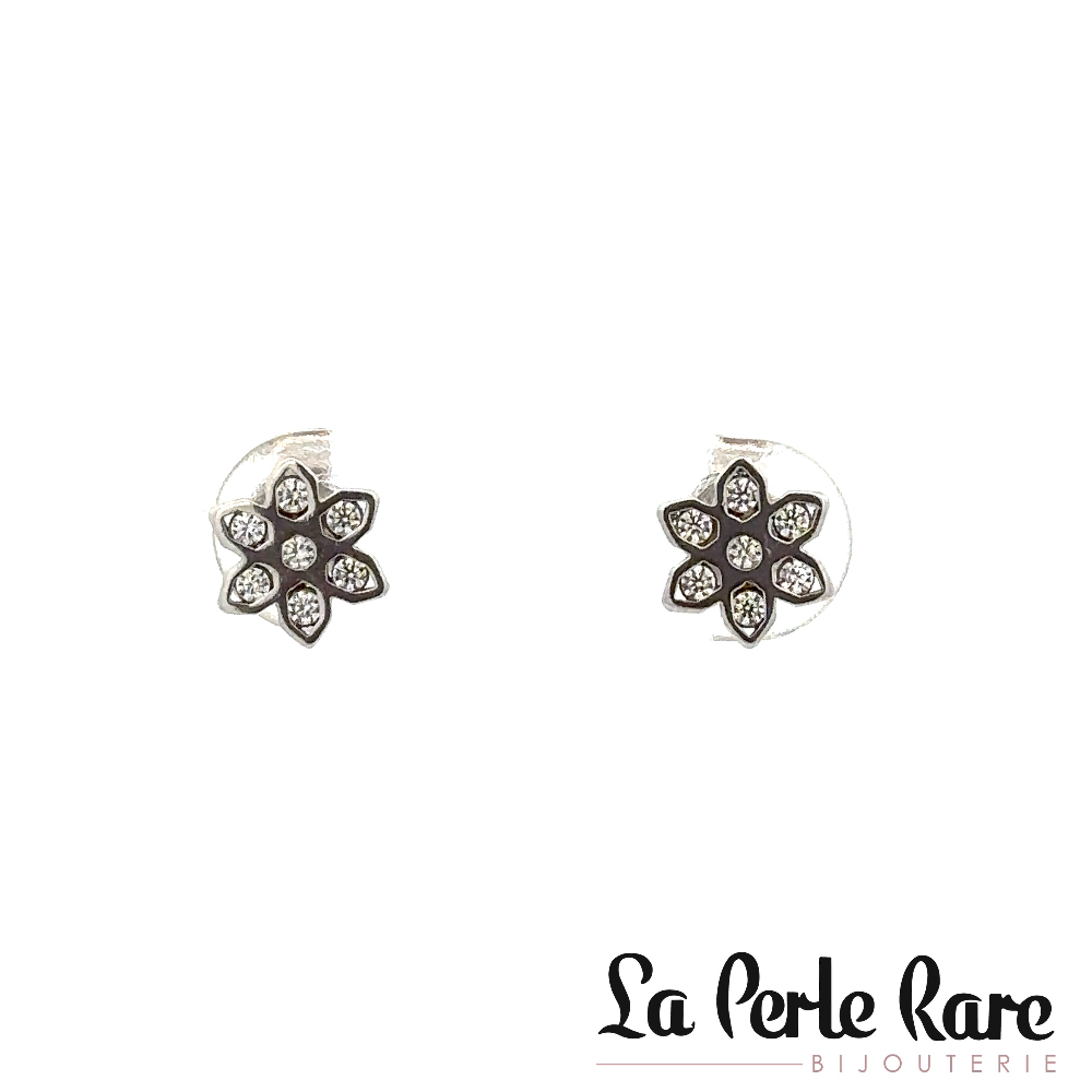 Boucles d'oreilles fixes fleurs, or blanc 10 carats, zircons incolores - MNM-244-B-BO - Exclusivités