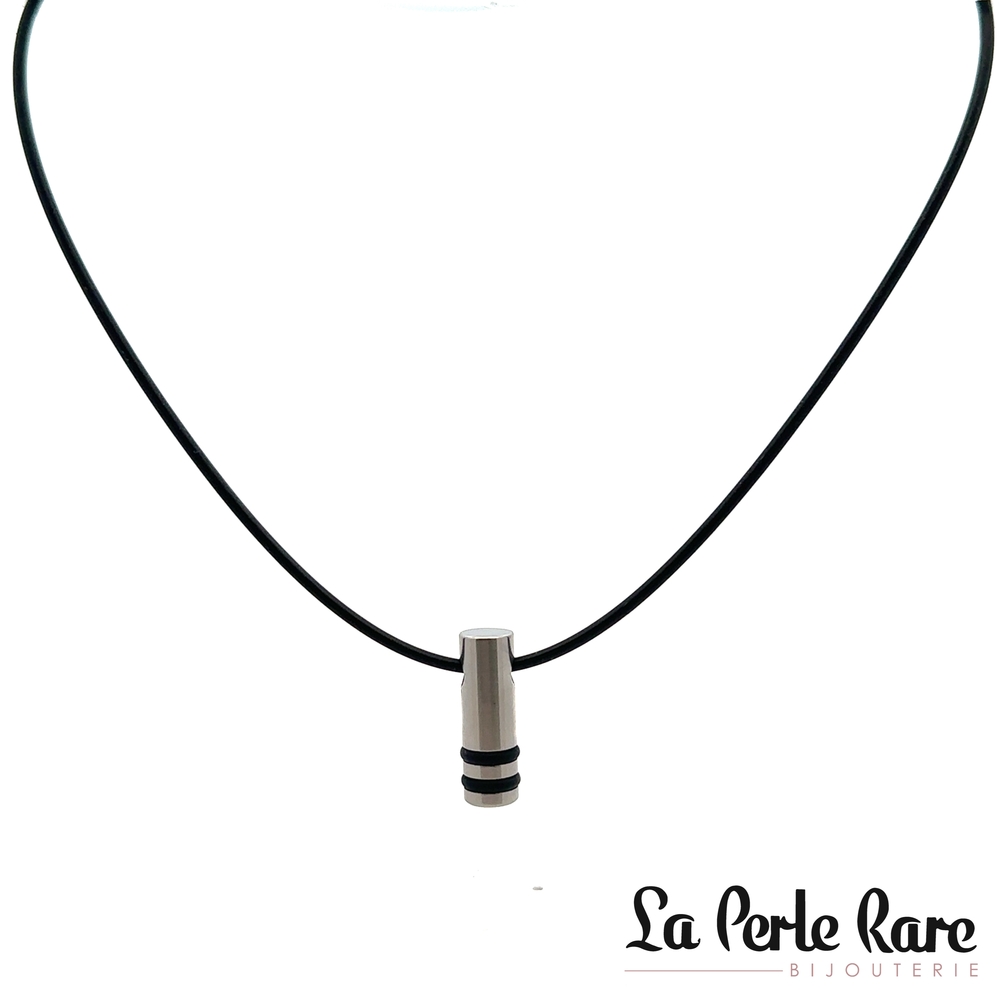 Pendentif cylindrique, acier inoxydable, cuir noir - 173-P921 - Steelx