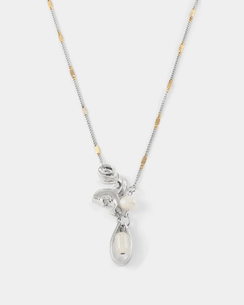 Collier étain 2 tons (blanc/jaune), verre coloré, perle d'eau douce