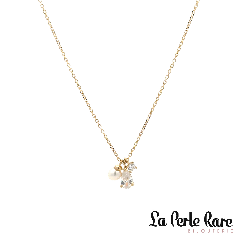 Collier or jaune 10 carats, perle d'eau douce, zircons incolores - GA49081 - Pure Romance