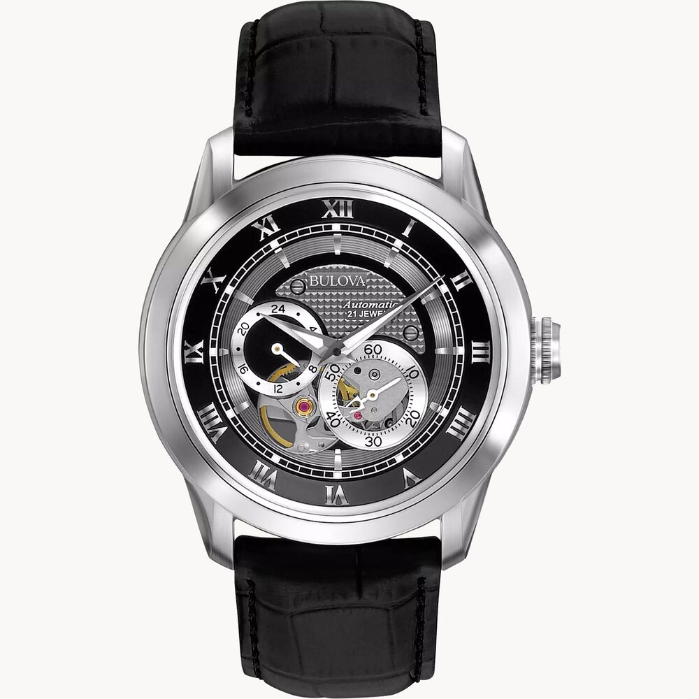 Montre automatique, cuir noir, acier, fond noir - 96A135 - Bulova