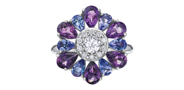 Bague fleur, or blanc 10 carats, améthystes, tanzanites, 46 points de diamants canadien total, certificat - AM594WAMTZ - Corona