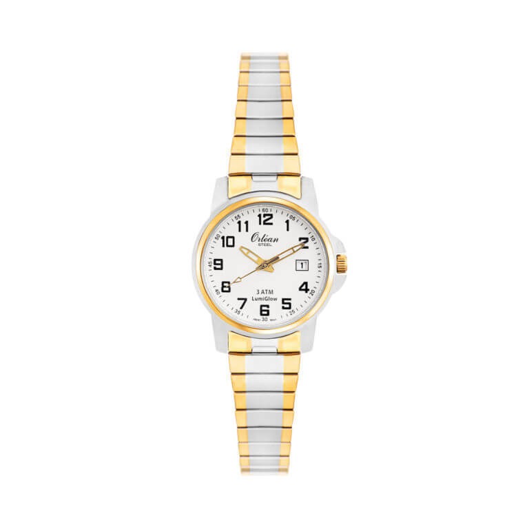Montre extensible acier 2 tons (jaune/blanc), fond blanc - ME3185 - Orlean