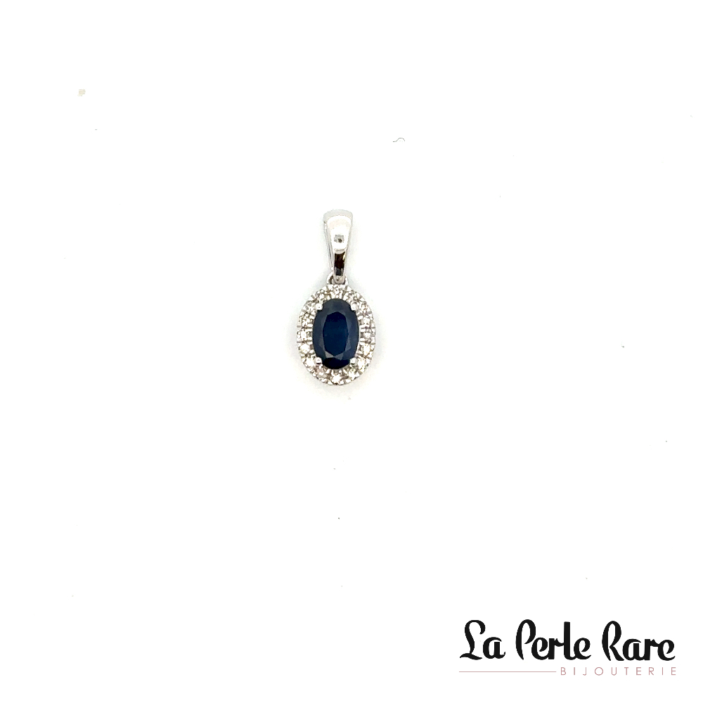 Pendentif or blanc, 6 points de saphir, 12 points de diamants total