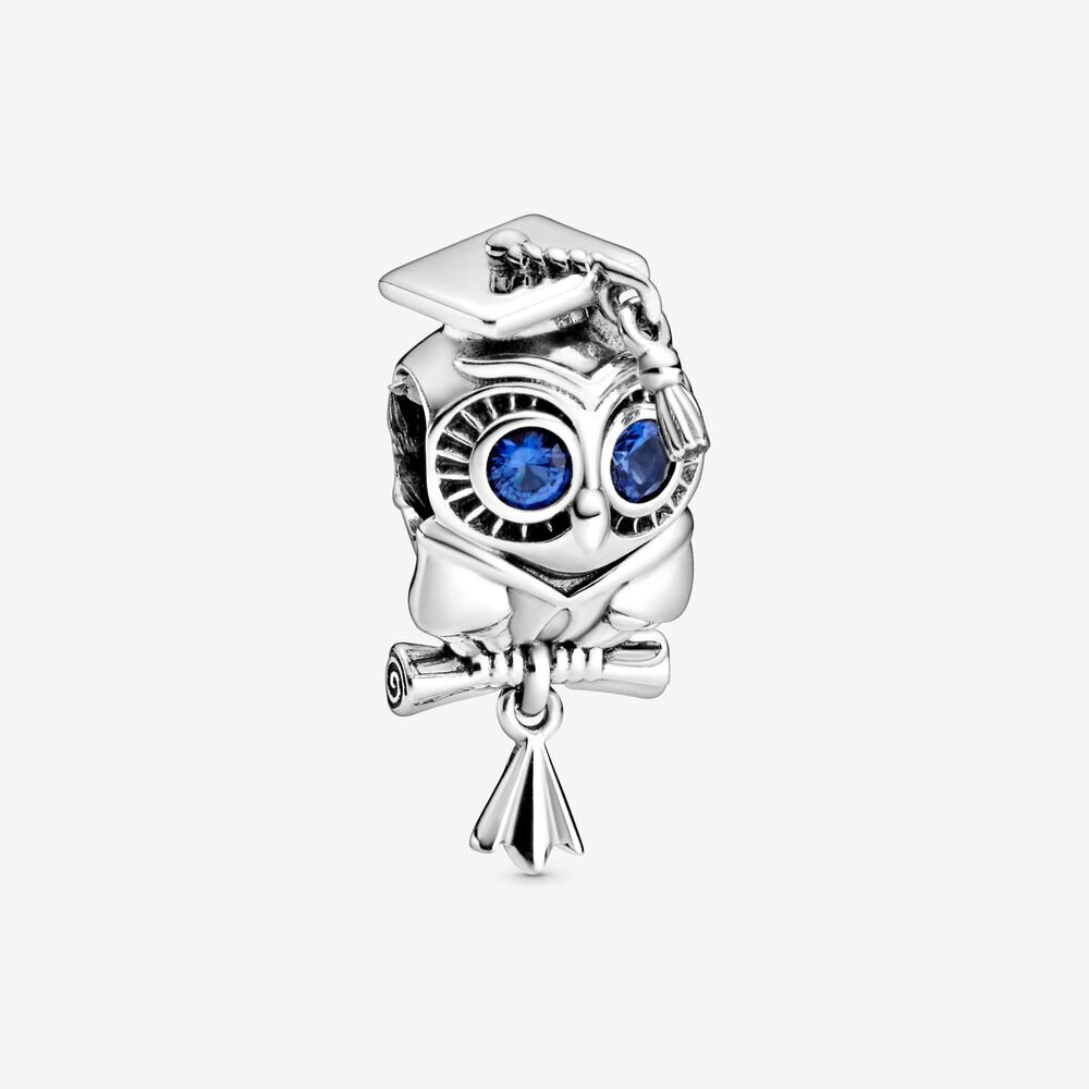 Bille hibou sage, remise de diplôme, argent, cristaux bleus - 798907C01 - Pandora