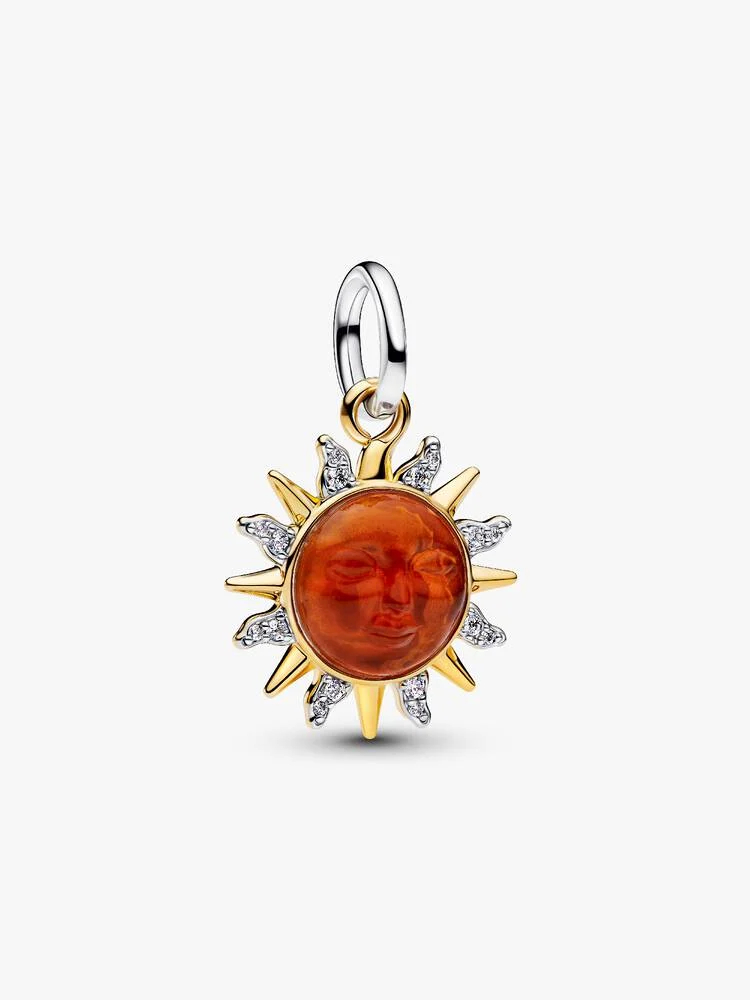 Bille soleil tourbillonnant, argent, métal unique plaqué d'or 14 carats, verre de Murano orange, zircons incolores, nacre en biorésine