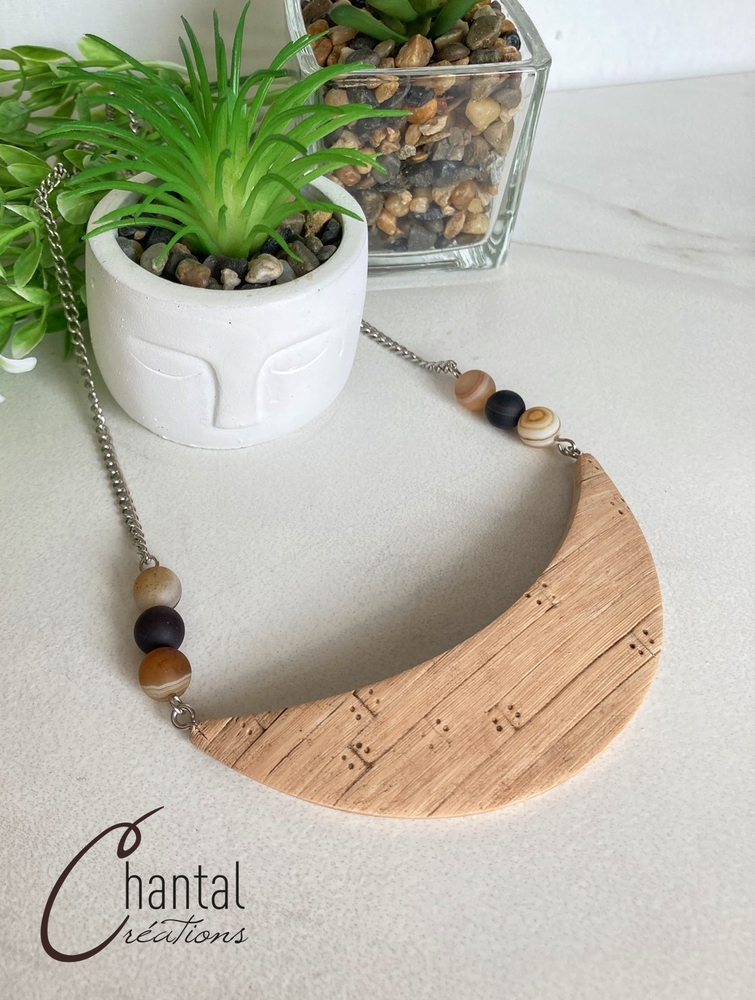 Collier Antoniette bois, argile polimère, acier inoxydable, agates - 25-CO-12 - Création Chantal