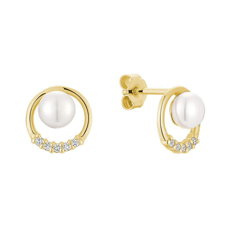 Boucles d'oreilles fixes or jaune 10 carats, perles, 9 points de diamant total