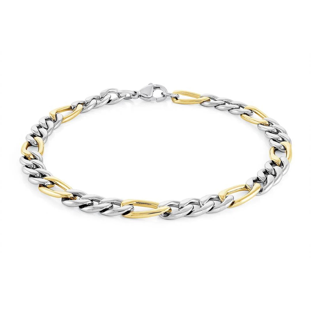 Bracelet figaro, acier inoxydable 2 tons (blanc et jaune), 6 millimètres