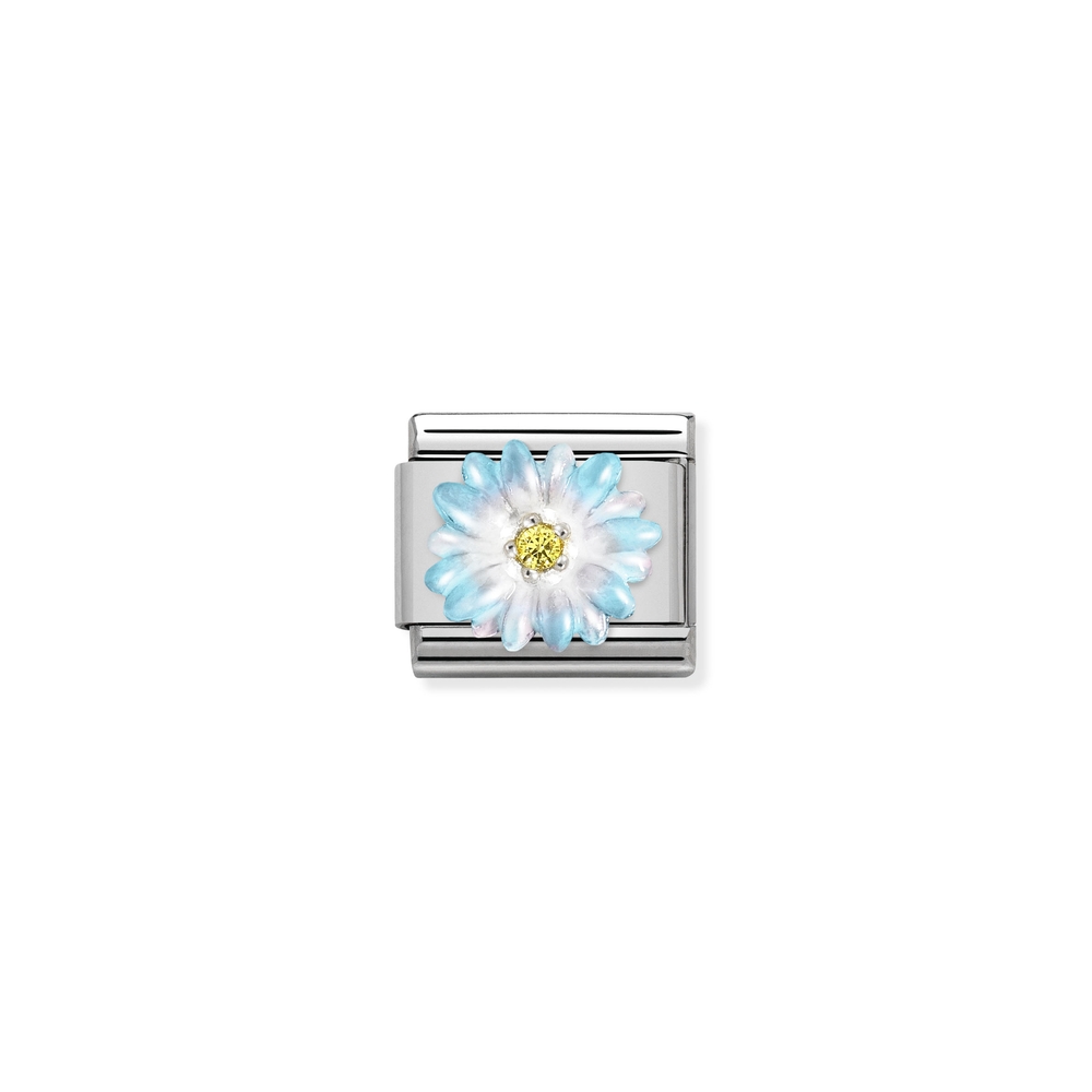 Maille classique fleur bleue, acier inoxydable, argent, zircon jaune, émail bleu - 33032106 - NOMINATION