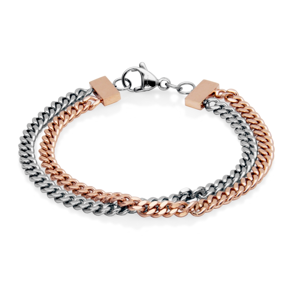 Bracelet double, gourmette, acier 2 tons (blanc/rose)