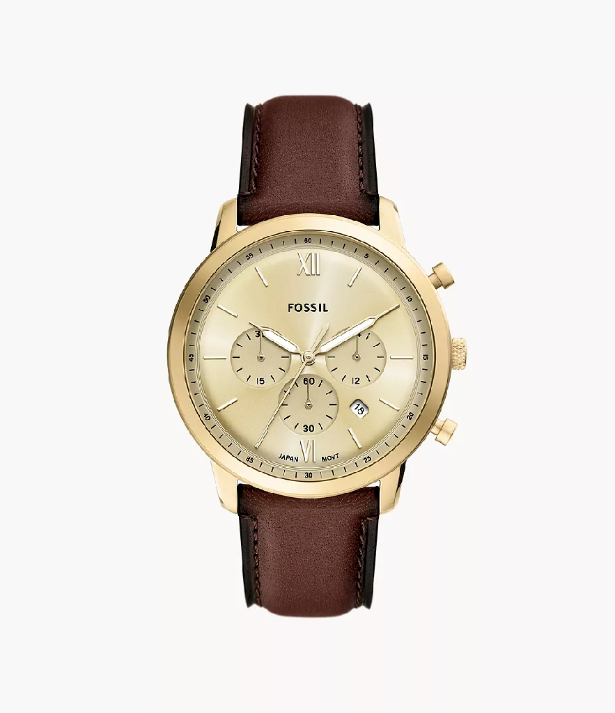 Montre Fossil chronographe acier inoxydable doré, bracelet en cuir brun