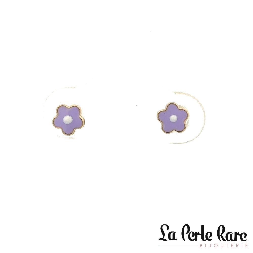 Boucles d'oreilles fixes vissées, fleurs, or jaune 10 carats, émail mauve et blanc - 7527-MAUVE - Exclusivités