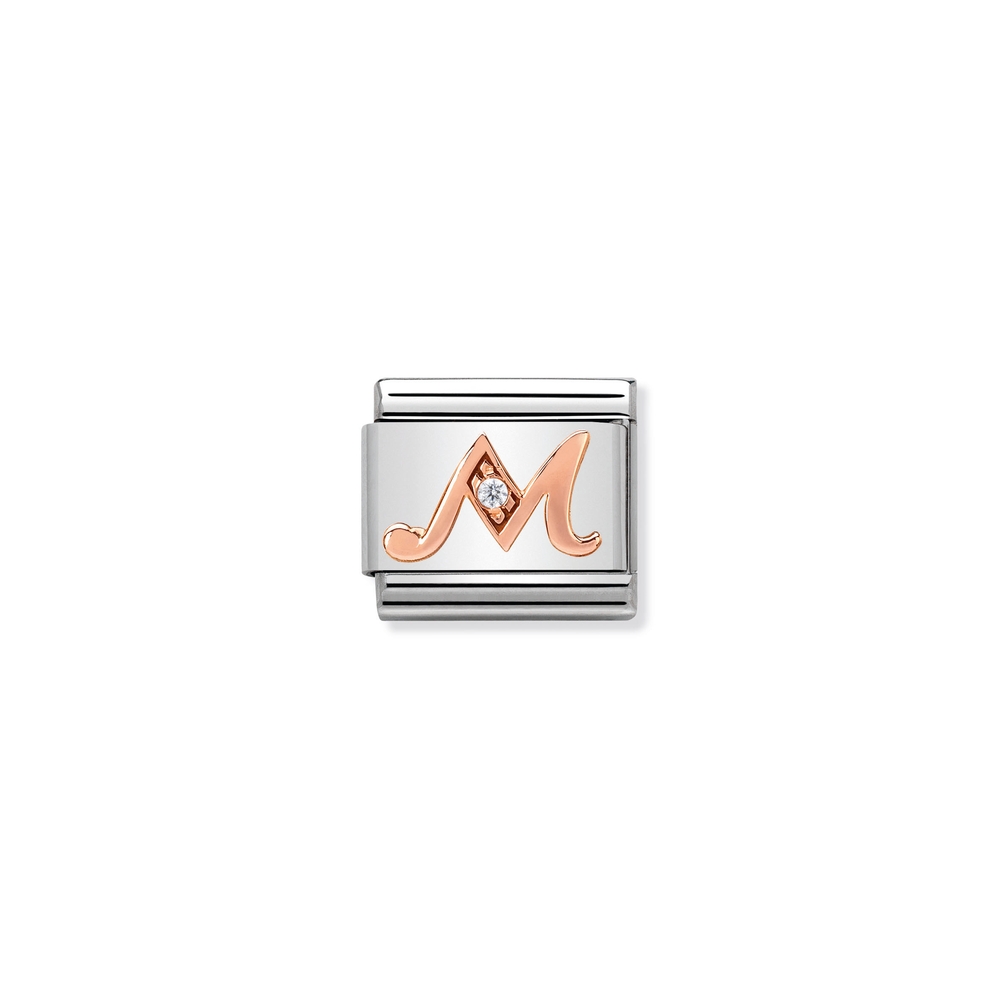 Maille classique lettre M, acier inoxydable, or rose 9k, zircon incolore - 43031013 - NOMINATION