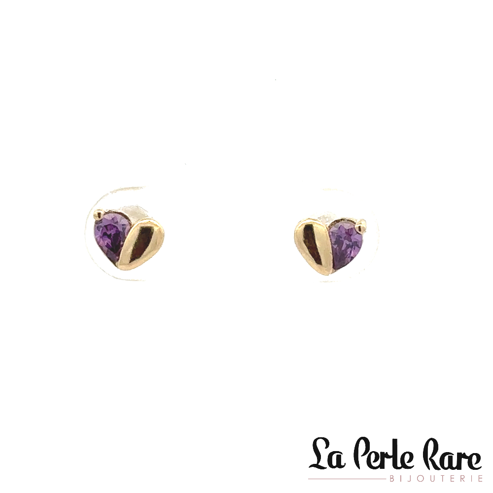 Boucles d'oreilles fixes coeurs, or jaune 10 carats, zircons mauves - 13462-MAUVE - Exclusivités