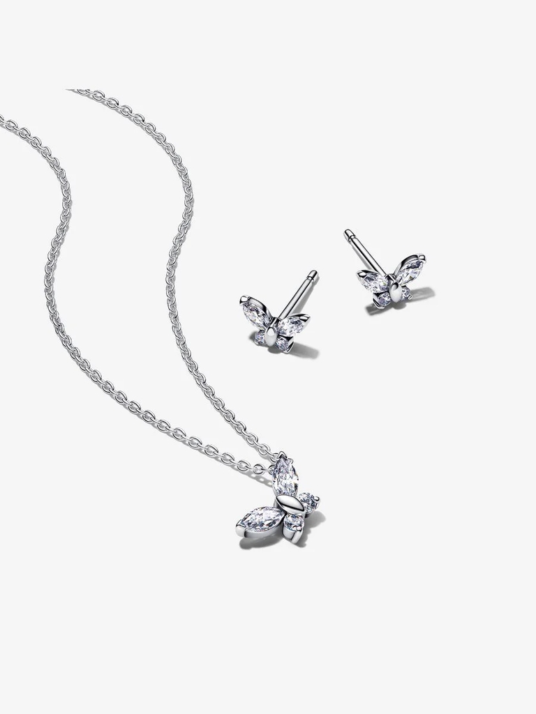 Ensemble-cadeau collier et boucles d'oreilles fixes, papillon scintillant, argent, zircons incolores - B802650 - Pandora