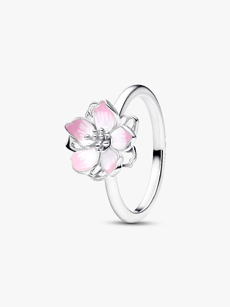 Bague fleur de cerisier, argent, émail rose et blanc