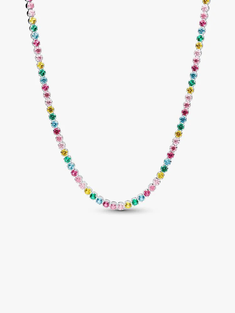 Collier tennis arc-en-ciel, argent, cristaux et zircons multicolores