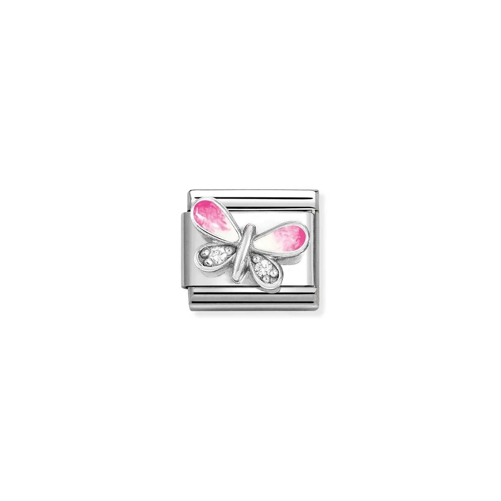 Maille classique papillon, acier inoxydable, émail rose, zircons incolores