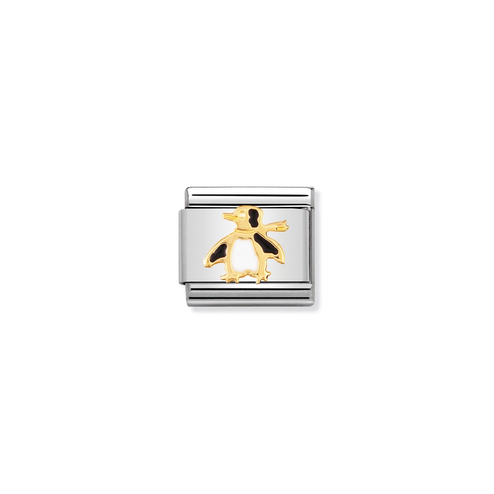 Maille classique pingouin, acier inoxydable, finition or jaune 18 carats, émail noir et blanc - 03021304 - NOMINATION