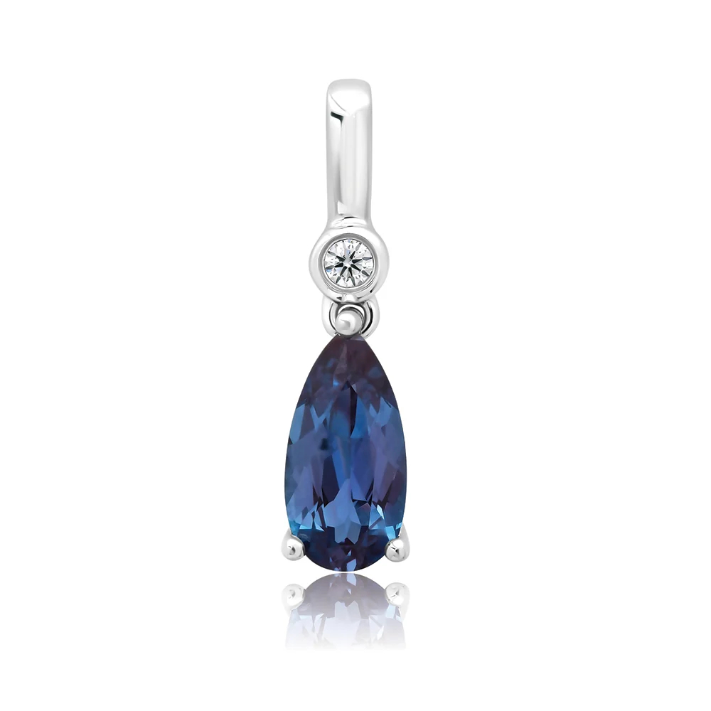 Pendentif or blanc 14 carats, alexandrite de laboratoire de 70 points, diamant de laboratoire de 2 points
