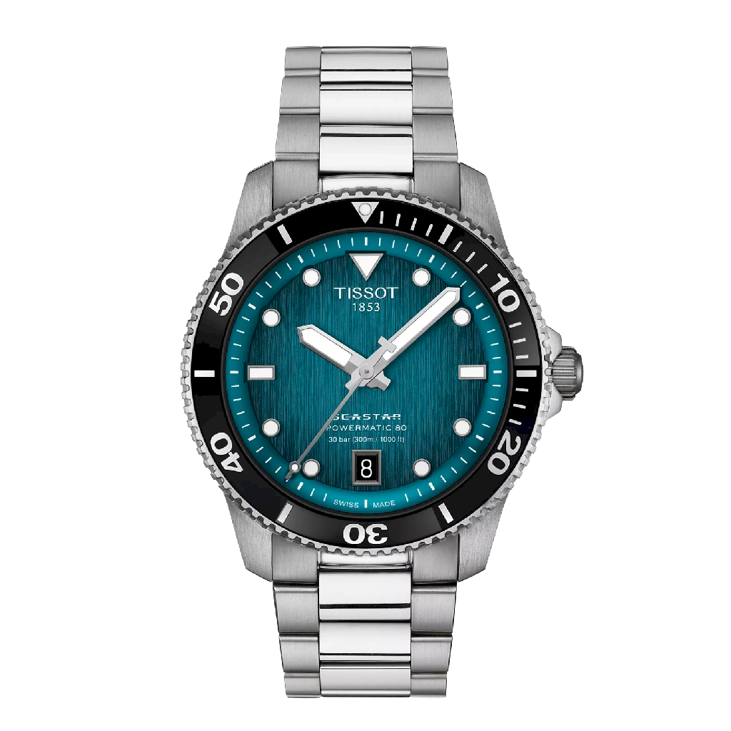 Montre Tissot Seastar 1000 automatique acier inoxydable deux tons blanc et noir fond turquoise