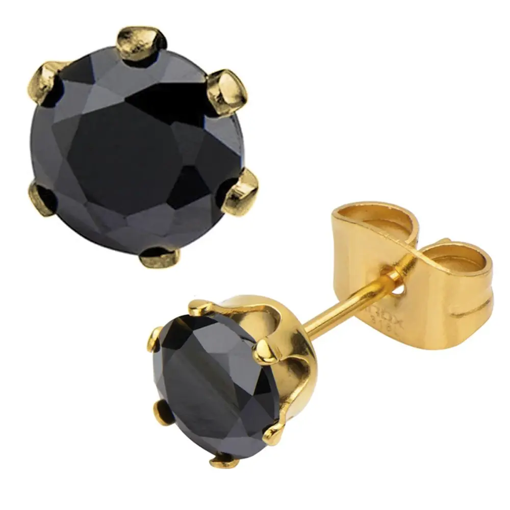 Golden steel stud earrings with black zirconia - SSE712KG-8 - Inox