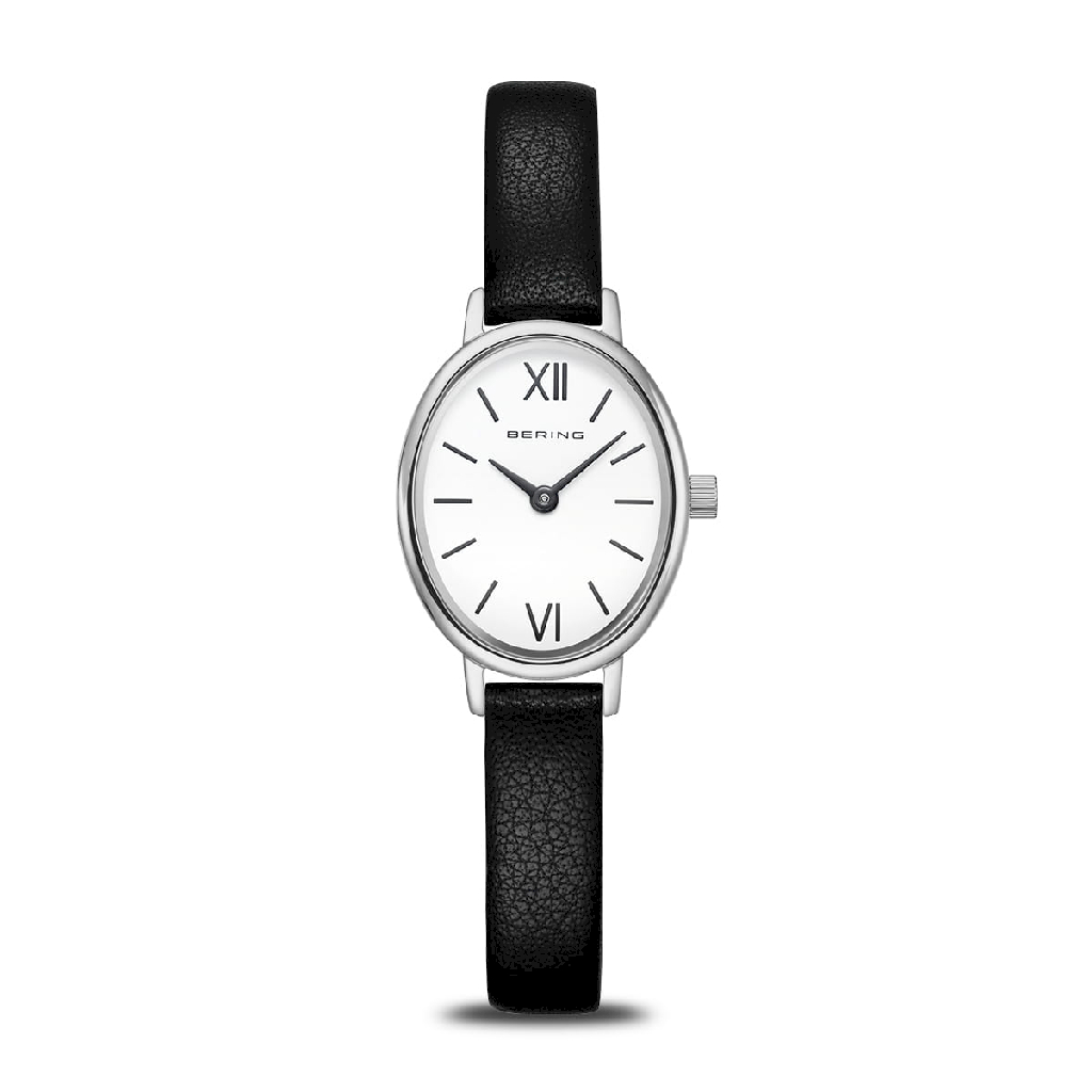 Montre ovale, cuir noir, acier inoxydable, fond blanc