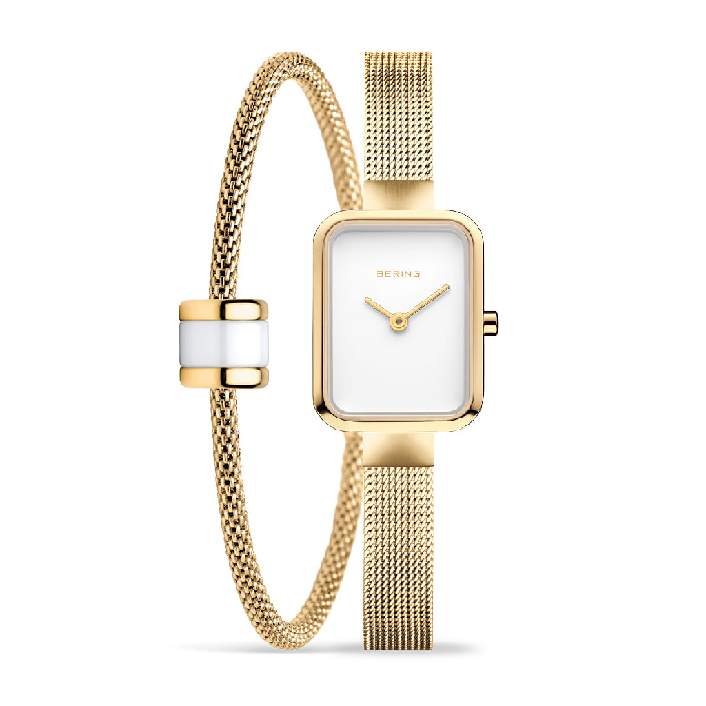 Ensmble montre et bracelet, acier inoxydable doré, fond blanc
