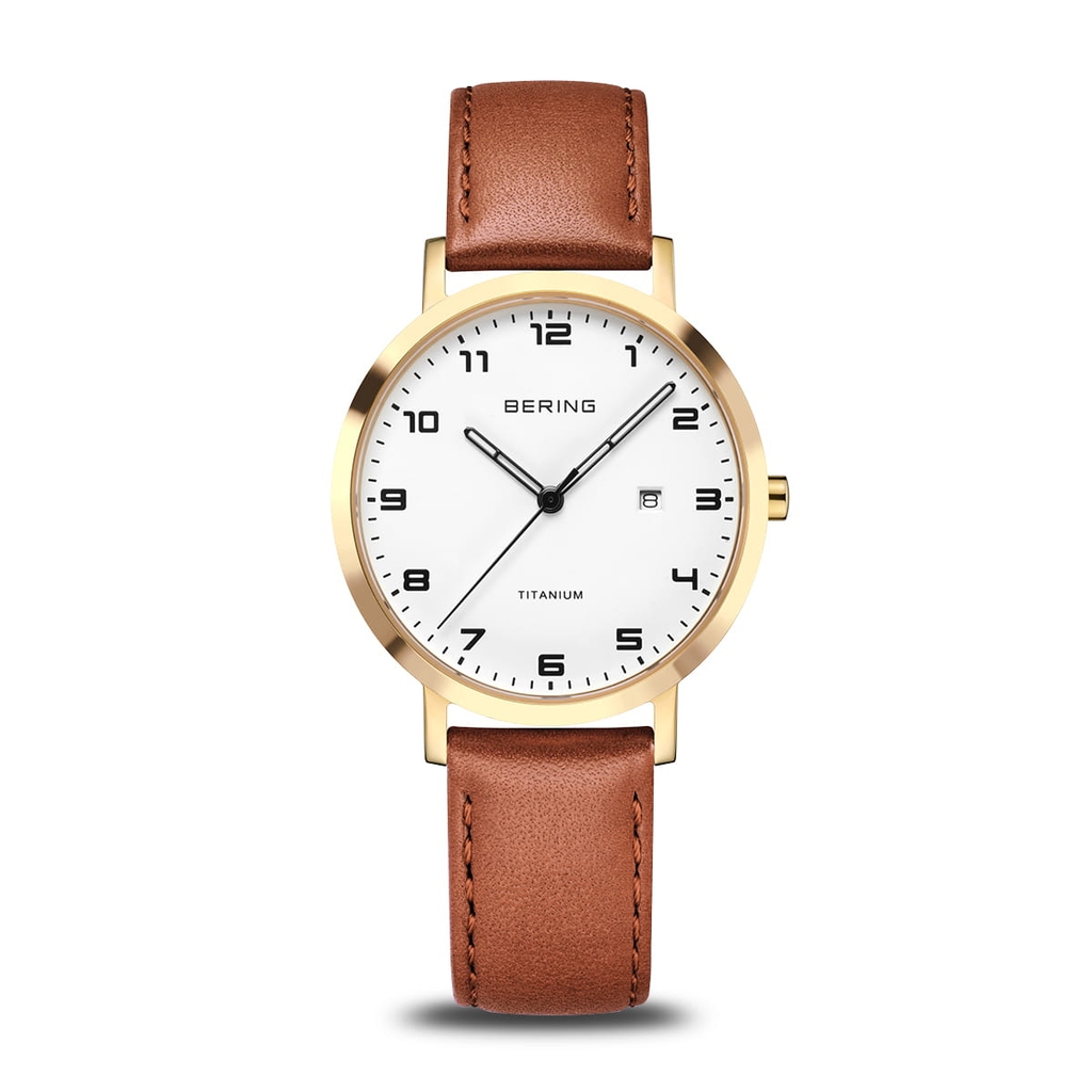 Montre cuir brun, acier inoxydable doré, fond blanc - 18634-534 - Bering